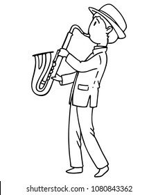 Saxophonist cartoon character, linear vector illustration.