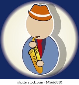 saxophonist with hat and stylish suit playing his instrument on white with blue circular background.