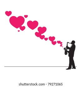 Saxophonist with hearts vector illustration.