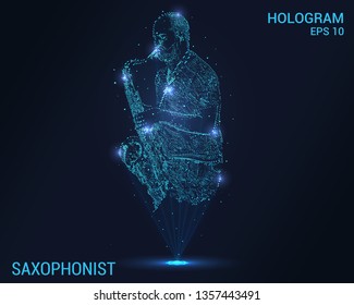 Saxophonist hologram. Digital and technological saxophone background. The futuristic design of the saxophone