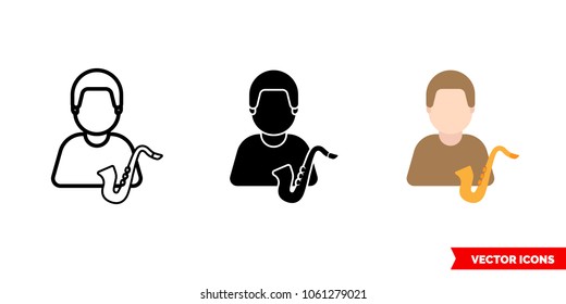 Saxophonist icon of 3 types: color, black and white, outline. Isolated vector sign symbol.