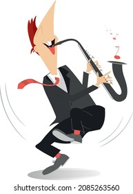 Saxophonist isolated illustration.
Smiling saxophonist playing music with inspiration on white background
