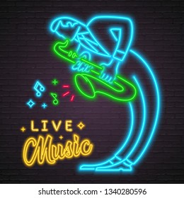 Saxophonist Musician Neon Light Glowing Vector Illustration. Saxophone Player Bright Glowing Music Instrument