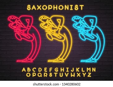 Saxophonist Musician Set Neon Light Glowing Vector Illustration. Saxophone Player Bright Glowing Music Instrument