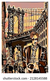 Saxophonist near Manhattan Bridge in brooklyn - vector illustration