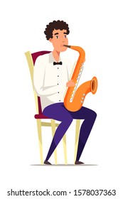 Saxophonist on chair flat vector illustration. Classical music performer cartoon character. Musician playing saxophone. Orchestra participant with musical instrument isolated on white background