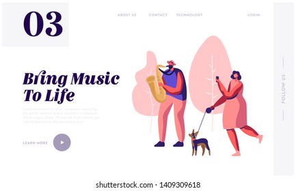 Saxophonist Playing Music in Park, Woman with Dog Watching Concert and Photographing Musical Performance. Street Outdoor Show. Website Landing Page, Web Page. Cartoon Flat Vector Illustration, Banner