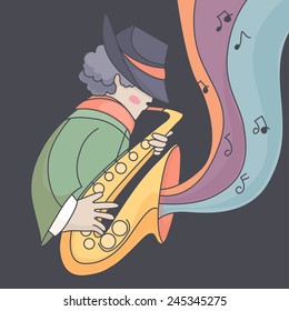 Saxophonist playing the saxophone in a hat. Vector illustration