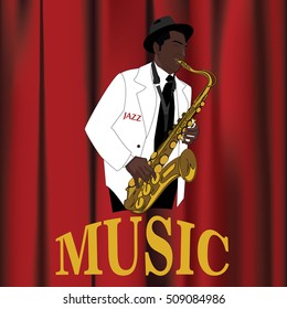 Saxophonist playing saxophone. Red drapes. Vector illustration.