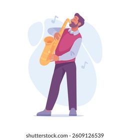 A saxophonist plays jazz passionately in a stylish outfit, capturing vibrant performance energy