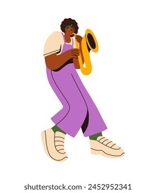 Saxophonist plays music on wind instrument, performs in jazz concert. Musician hold gold saxophone in hand. Talented girl blows in trumpet, sax. Flat isolated vector illustration on white background