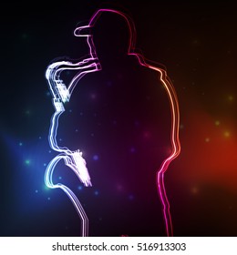 Saxophonist plays vector neon background concept