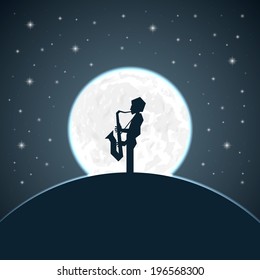 Saxophonist Silhouette on a Background of the Moon and the Sky