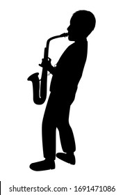 Saxophonist silhouette on a white background. A young man plays an instrument. Teen boy learns music playing the saxophone. Isolated vector drawing. Jazz player pattern