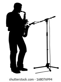 Saxophonist stands on the stage and playing the saxophone. 