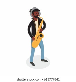 Saxophonist, vector isometric concept illustration, black man with saxophone