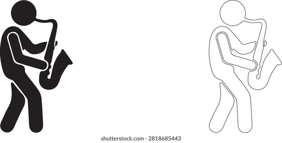 Saxophonist while playing vector icon filled and outline, playing wind musical instrument symbol.	