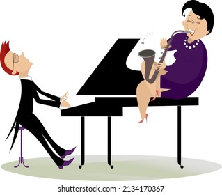 Saxophonist woman and a pianist in the concert illustration. 
Pianist and saxophonist woman sits on the piano isolated on white background
