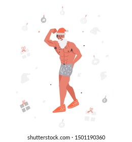Saxy Christmas Father. Hand drawn white man is standing in sport pose. Xmas, New Year poster, banner, print design