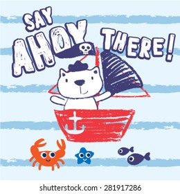 Say Ahoy There. Cute little cat pirate sailing and playing fishes and crab.sea star. Cute vector illustration. hand drawing