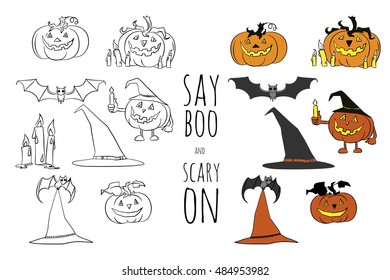 Say boo and carry on. Halloween vector set. Cartoon design. Hand drawn pumpkins, hats. Halloween characters