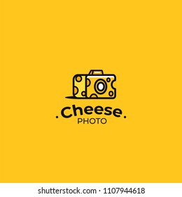 Say cheese. Creative logo with photo camera. Sign for the photographer. Black line with yellow background flat modern logotype