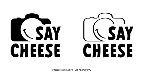 Say cheese, drawing photo camera and smile. Smile, You're on camera or You're on dash cam. Take photo and smile. Photocamera icon.  For Photography flash concept. Happy face.