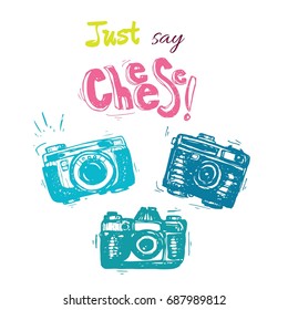 Say Cheese. Hand-drawn vintage photo camera, sketch. Illustration for prints, greeting cards or packaging.
