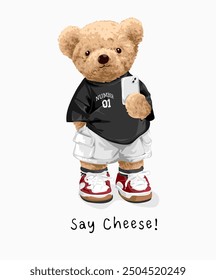 say cheese slogan with bear doll in black and white fashion taking selfie vector illustration