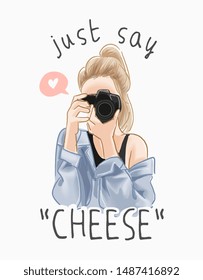 say cheese slogan with cartoon girl taking picture illustration