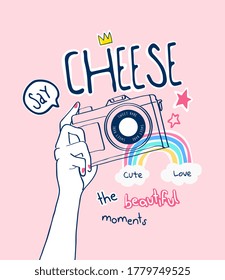 say cheese slogan with cartoon hand holding camera illustration with cute icons