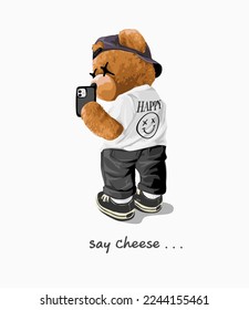 say cheese slogan with cool bear doll in street fashion taking selfie on smartphone vector illustration