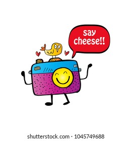 Say cheese text balloon with cute cartoon camera