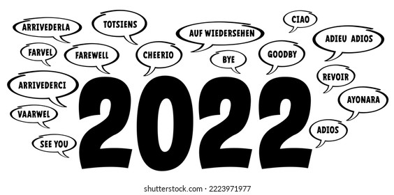 To say goodbye 2022 in different languages. New year, party. Celebrate 2023. Cartoon happy new year 2023 inspiration and creative concept. Flat vector sign. svg