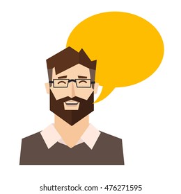 Say Happy Man with Speech Bubble. Flat Design Style Happy Man. Vector illustration of Young Cartoon Hipster Smile like Happy Man face Avatar. Successfully Happy Man