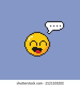 say hello emoticon with speech bubble in pixel art style