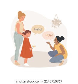 Say Hello In Foreign Language Isolated Cartoon Vector Illustration. Children Say Hello, Bilingual Daycare Center, Immersion Language Program For Kids, Learning Foreign Language Vector Cartoon.