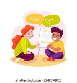 Say hello in foreign language isolated cartoon vector illustration. Children say hello, bilingual daycare center, immersion language program for kids, learning foreign language vector cartoon.