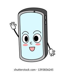 Say Hello smartphone, smartphone character with smiley face raise its hand up
