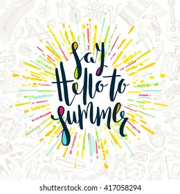 Hallo zum Sommer - Sommerkalligraphie. Sommerferien. Sommersonnenbrand. Sommerangebot. Sommersatz. Sommergruss. Sommervektor. Sommerstunde. Sommersatz. Sommerartikel.