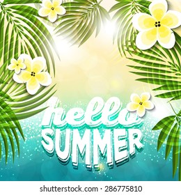 Say Hello to Summer, creative graphic message for your summer design. Plumeria flowers, enjoy summer greeting card on beach. Frangipani (Plumeria). Hawaii, Bali (Indonesia).