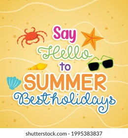Hallo Sommer auf Sandhintergrund. Sommersymbole. Sommerbanner. Vektorgrafik