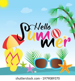 Say Hello to Summer poster, banner in trendy style. Lettering and colorful design for poster, card, invitation. Easy editable for design.