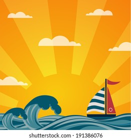 Say Hello to Summer, retro illustration of a boat and wavy sea 