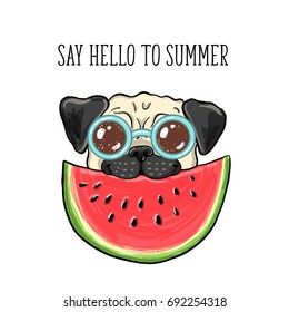 Di adiós al verano. Ilustración vectorial con perro de pug vacacional feliz con gafas de sol, comiendo sandía