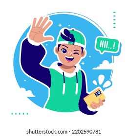 say hi cute boy cartoon character illustration