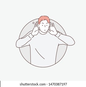 Say more loudly. Attractive happy man smiling and having his hand hear his ear and showing that he cant hear. Hand drawn style vector design illustrations.