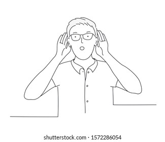 Say more loudly. Attractive man smiling and having his hand hear his ear and showing that he cant hear. Line drawing vector illustration.