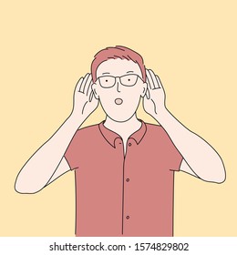 Say more loudly. Attractive man smiling and having his hand hear his ear and showing that he cant hear. Hand drawn vector illustration.