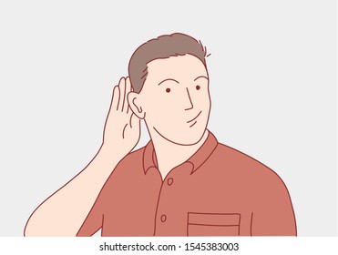 Say more loudly. Man smiling and having his hand hear his ear and showing that he cant hear. Deaf guy. Hand drawn vector illustration.